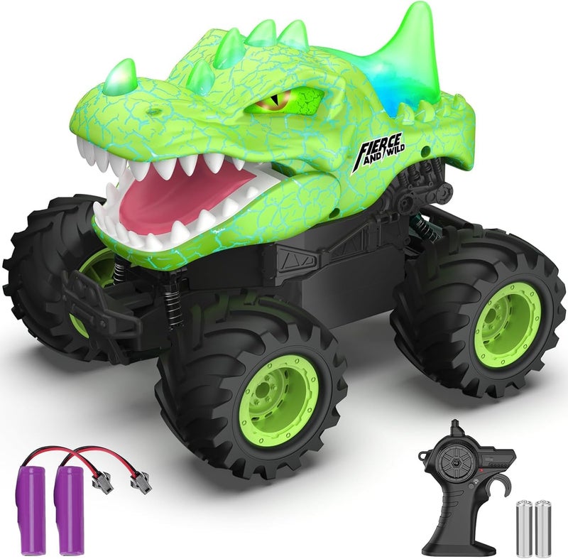 OMIRE Dinosaur Remote Control Car, 2.4GHz Monster Truck Toys Rechargeable RC Cars 1:24 Scale RC Truck with LED Light Movable Mouth, Dinosaur Cars Toys for Kids Boys 6-8 8-12 Birthday Gift, Green - Image 1