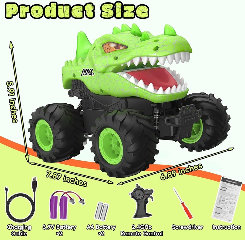 OMIRE Dinosaur Remote Control Car, 2.4GHz Monster Truck Toys Rechargeable RC Cars 1:24 Scale RC Truck with LED Light Movable Mouth, Dinosaur Cars Toys for Kids Boys 6-8 8-12 Birthday Gift, Green - Image 2