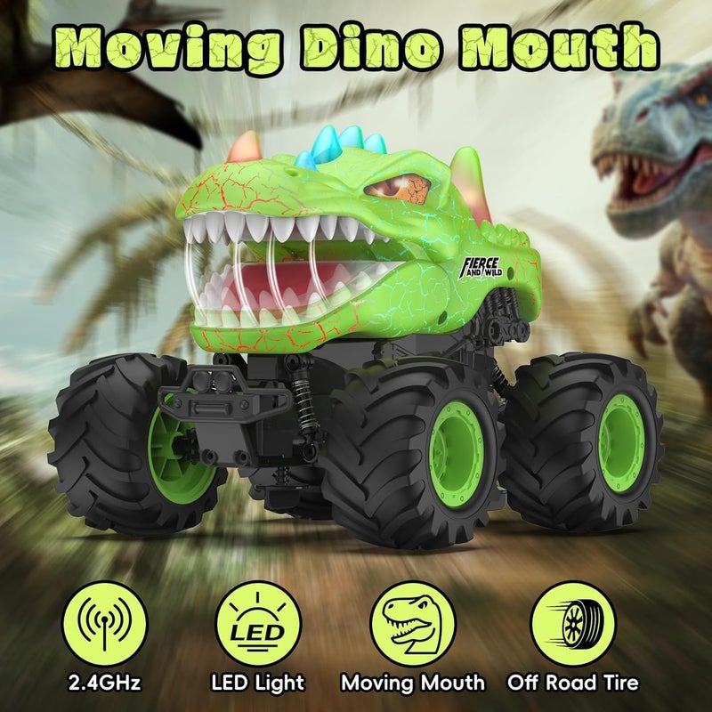 OMIRE Dinosaur Remote Control Car, 2.4GHz Monster Truck Toys Rechargeable RC Cars 1:24 Scale RC Truck with LED Light Movable Mouth, Dinosaur Cars Toys for Kids Boys 6-8 8-12 Birthday Gift, Green - Image 3
