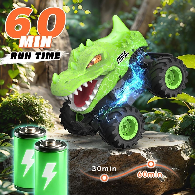 OMIRE Dinosaur Remote Control Car, 2.4GHz Monster Truck Toys Rechargeable RC Cars 1:24 Scale RC Truck with LED Light Movable Mouth, Dinosaur Cars Toys for Kids Boys 6-8 8-12 Birthday Gift, Green - Image 5