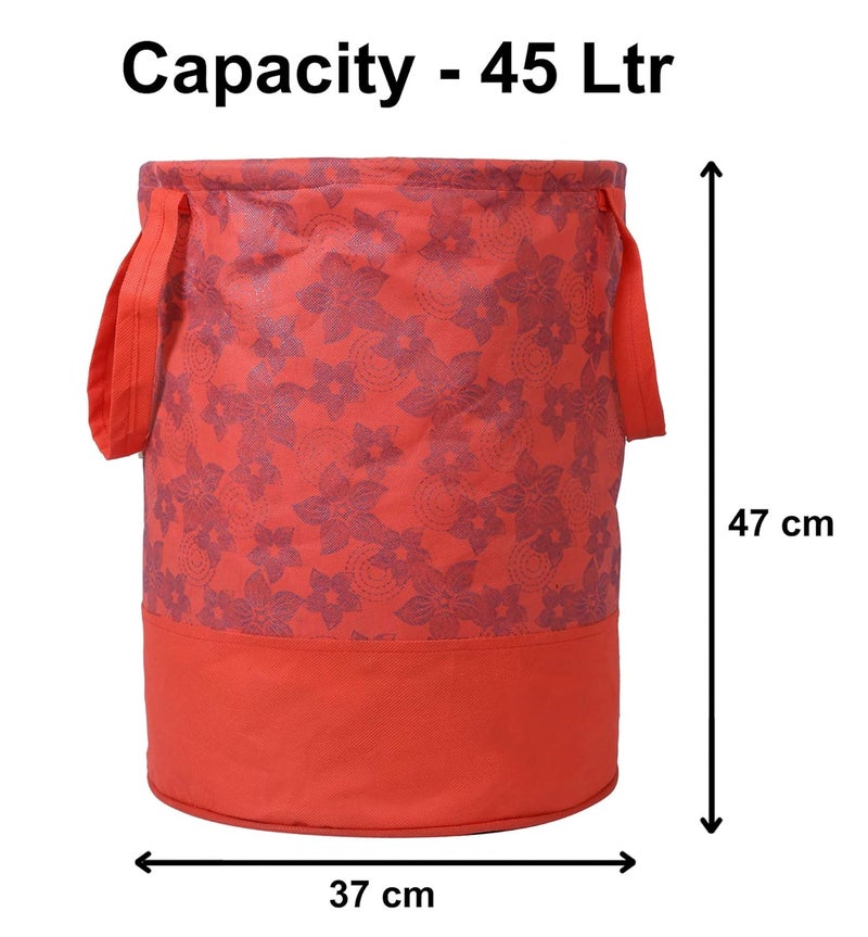 Kuber Industries Metalic Flower Print Round Non Woven Fabric Foldable Laundry Organiser with Handles,45 LTR (Set of 2, Red)-KUBMART12056, Pack of 2 - Image 5