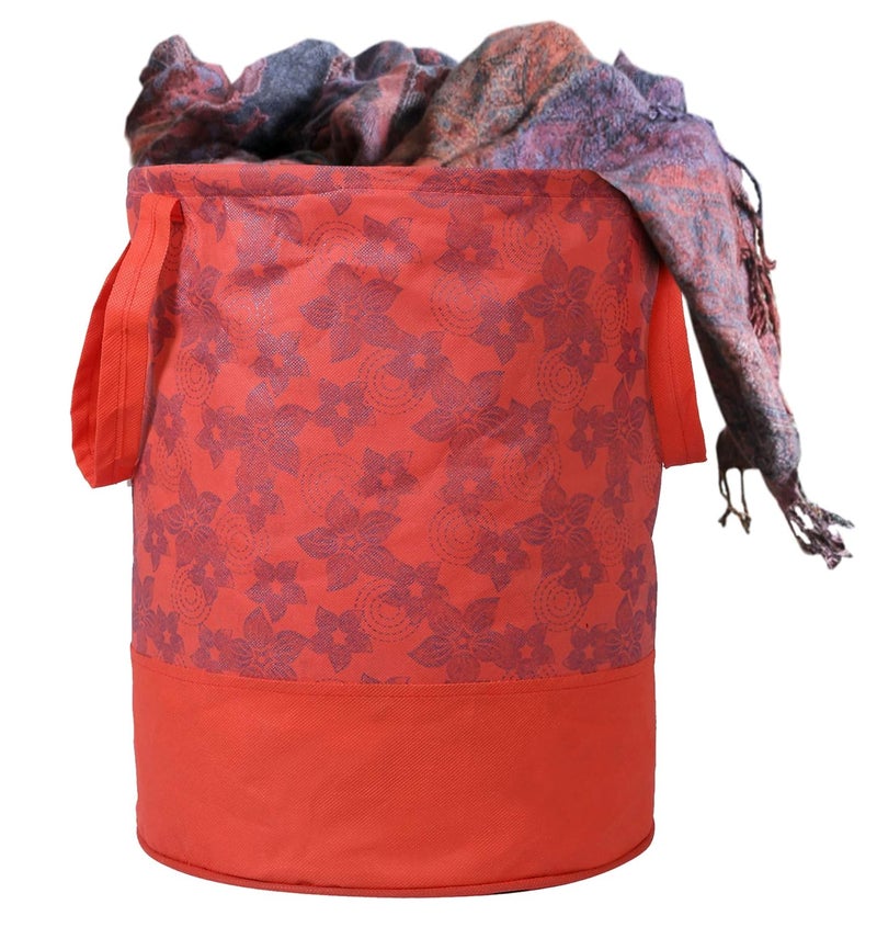 Kuber Industries Metalic Flower Print Round Non Woven Fabric Foldable Laundry Organiser with Handles,45 LTR (Set of 2, Red)-KUBMART12056, Pack of 2 - Image 3