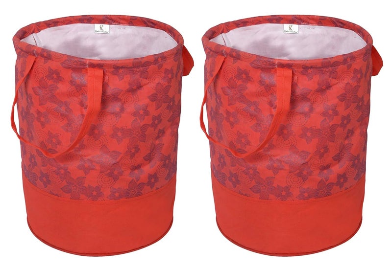 Kuber Industries Metalic Flower Print Round Non Woven Fabric Foldable Laundry Organiser with Handles,45 LTR (Set of 2, Red)-KUBMART12056, Pack of 2 - Image 1