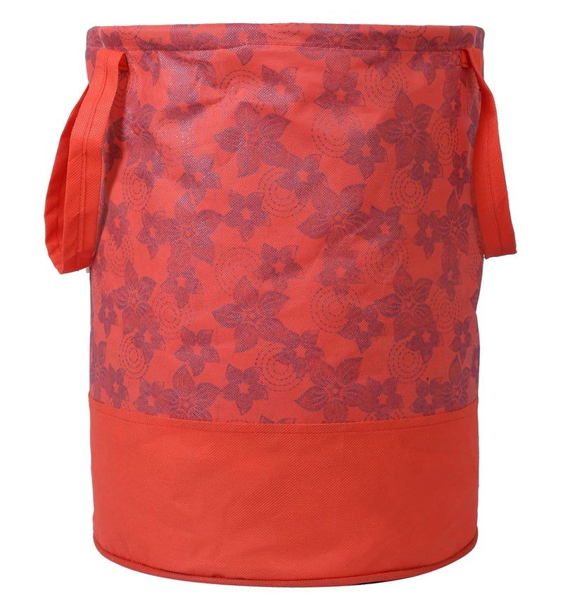Kuber Industries Metalic Flower Print Round Non Woven Fabric Foldable Laundry Organiser with Handles,45 LTR (Set of 2, Red)-KUBMART12056, Pack of 2 - Image 2