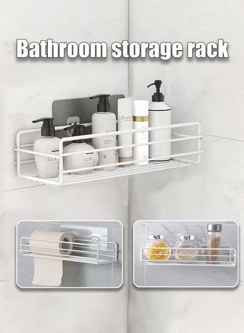 Bathroom Storage Rack, Rectangular Shower Shelf Organizer – No Drilling White Stainless Steel Storage Rack for Bathroom, Dorm, or Kitchen – Adhesive Wall Mount Design, Space-Saving Shelf with 2 Adhesive Hooks