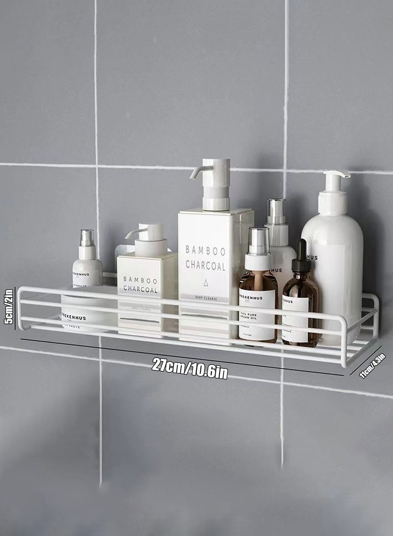 Bathroom Storage Rack, Rectangular Shower Shelf Organizer – No Drilling White Stainless Steel Storage Rack for Bathroom, Dorm, or Kitchen – Adhesive Wall Mount Design, Space-Saving Shelf with 2 Adhesive Hooks - Image 2