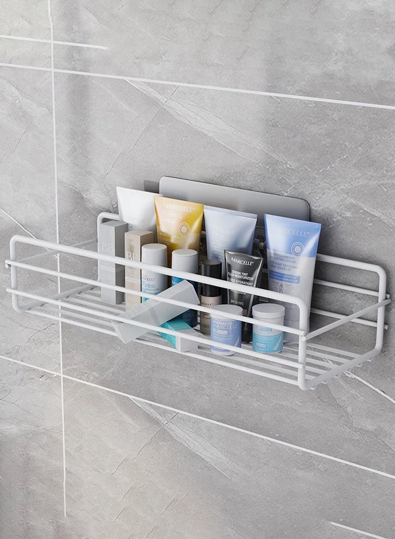 Bathroom Storage Rack, Rectangular Shower Shelf Organizer – No Drilling White Stainless Steel Storage Rack for Bathroom, Dorm, or Kitchen – Adhesive Wall Mount Design, Space-Saving Shelf with 2 Adhesive Hooks - Image 5