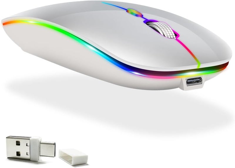 KLO LED Rechargeable Mouse(BT5.2+Type-C+USB2.4G) Bluetooth Mouse for MacBook/MacBook air/Pro/Laptop/Notebook/pc/iPad/Chromebook (A LED/Silver) - Image 1