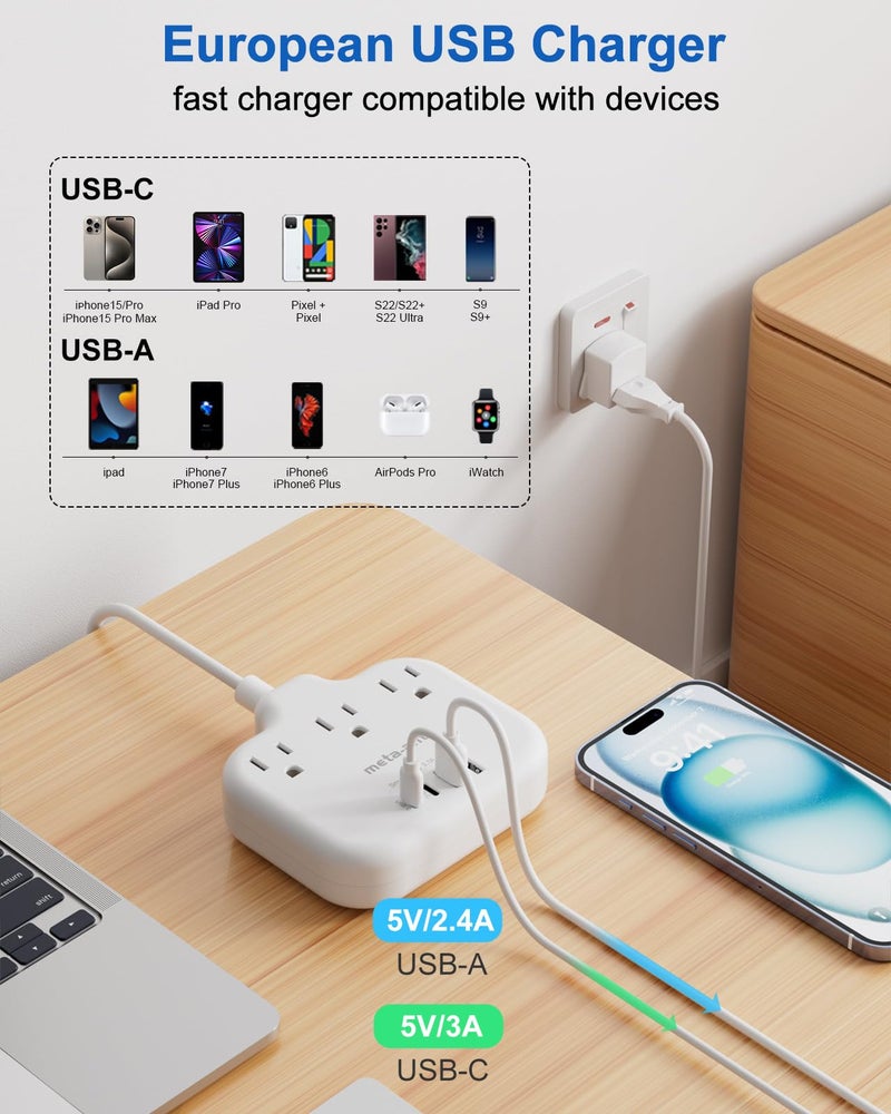 meta-ant European Travel Plug Adapter, US to European Plug Adapter with 3 American Outlets & 4 USB, 3ft European Power Cord, International Travel Power Strip, Type C for Europe EU Germany France, Travel, White - Image 5
