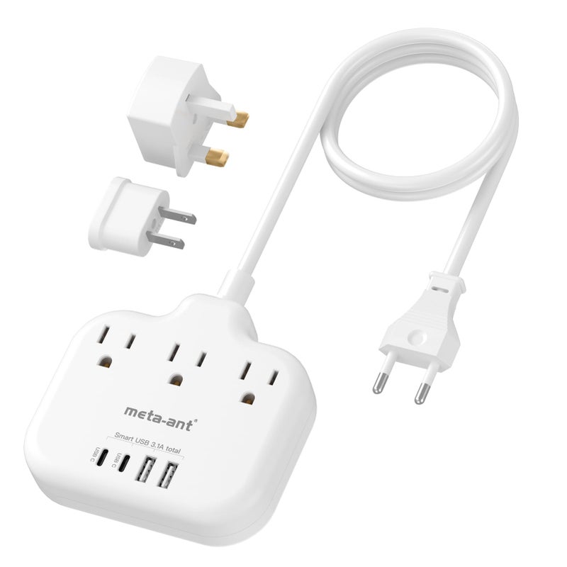 meta-ant European Travel Plug Adapter, US to European Plug Adapter with 3 American Outlets & 4 USB, 3ft European Power Cord, International Travel Power Strip, Type C for Europe EU Germany France, Travel, White - Image 1