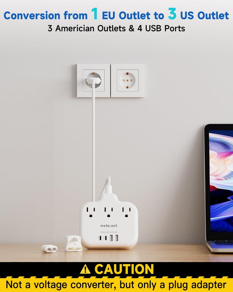 meta-ant European Travel Plug Adapter, US to European Plug Adapter with 3 American Outlets & 4 USB, 3ft European Power Cord, International Travel Power Strip, Type C for Europe EU Germany France, Travel, White - Image 4