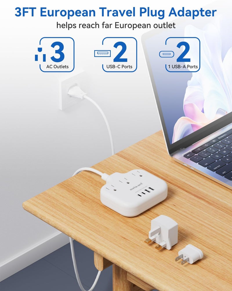 meta-ant European Travel Plug Adapter, US to European Plug Adapter with 3 American Outlets & 4 USB, 3ft European Power Cord, International Travel Power Strip, Type C for Europe EU Germany France, Travel, White - Image 3