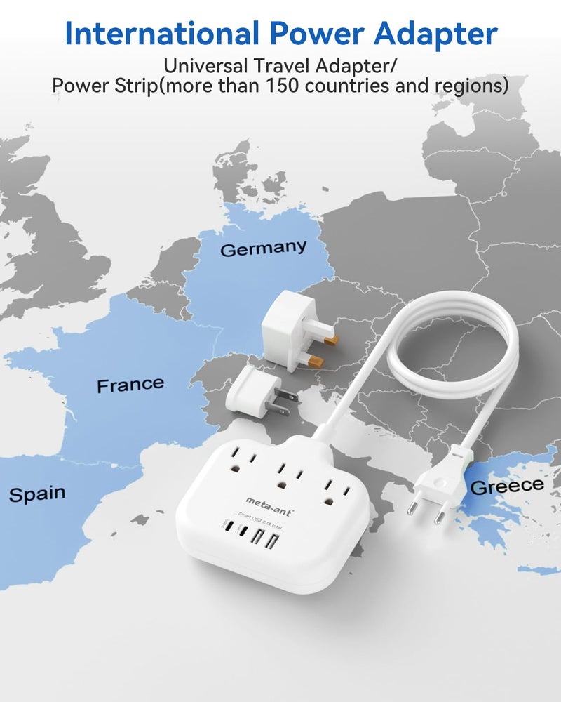 meta-ant European Travel Plug Adapter, US to European Plug Adapter with 3 American Outlets & 4 USB, 3ft European Power Cord, International Travel Power Strip, Type C for Europe EU Germany France, Travel, White - Image 2