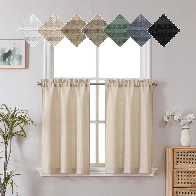 Chyhomenyc Short Curtains 36 Inch Length, Faux Linen Textured Small Kitchen Curtains, Light Filtering Half Window Curtains for Bathroom Basement Cabinet, Each 30x36 Inch, Linen Color - Image 1