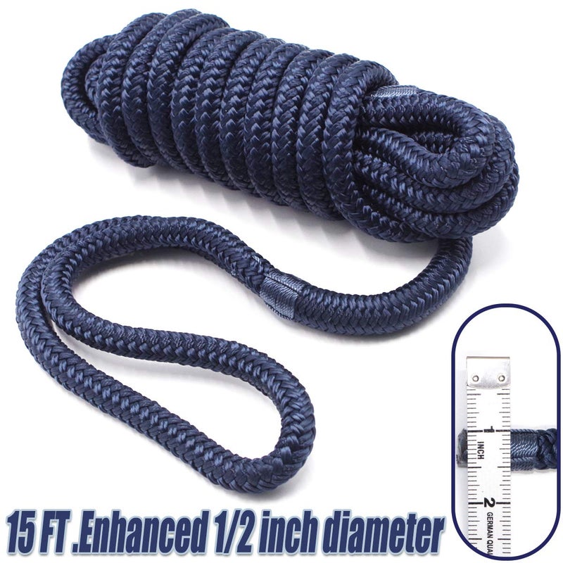 INNOCEDEAR 4 عبوات 1/2” × 15’ خطوط رصيف | خط رصيف نايلون مزدوج مضفر من الدرجة البحرية مع حلقة 12” . حبل قارب عالي الأداء حبل ربط رصيف بلون أزرق بحري - Image 3