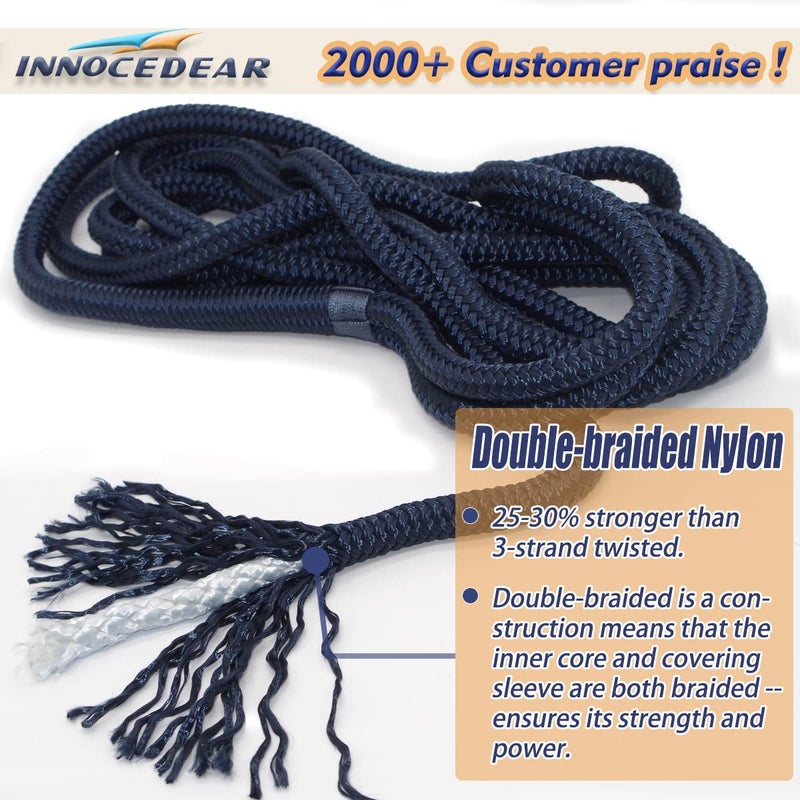 INNOCEDEAR 4 عبوات 1/2” × 15’ خطوط رصيف | خط رصيف نايلون مزدوج مضفر من الدرجة البحرية مع حلقة 12” . حبل قارب عالي الأداء حبل ربط رصيف بلون أزرق بحري - Image 2