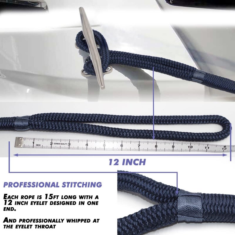 INNOCEDEAR 4 عبوات 1/2” × 15’ خطوط رصيف | خط رصيف نايلون مزدوج مضفر من الدرجة البحرية مع حلقة 12” . حبل قارب عالي الأداء حبل ربط رصيف بلون أزرق بحري - Image 5