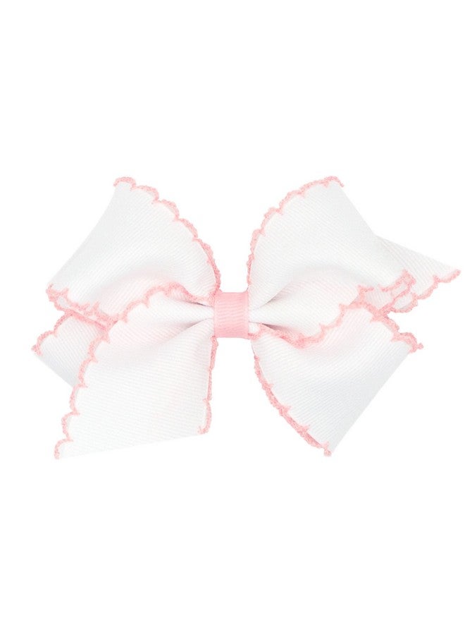 Wee Ones Girls' Grosgrain Hair Bow with Contrasting Moonstitch Edge and Wrap on a WeeStay Hair Clip, Small, White with Light Pink - Image 1
