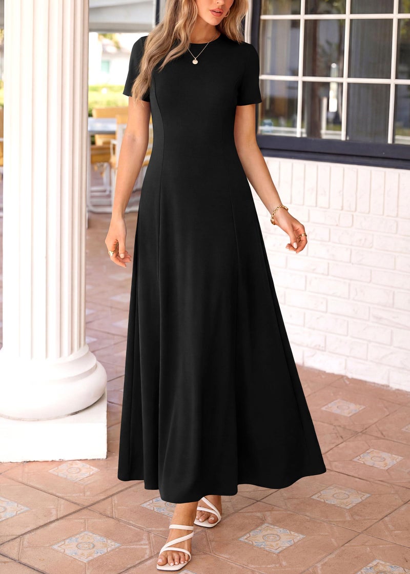 KIRUNDO Wedding Guest Dresses for Women 2026 Spring Summer Short Sleeve Pleated Long Flowy A Line Formal Maxi Dress Pockets(Black, Medium) - Image 4