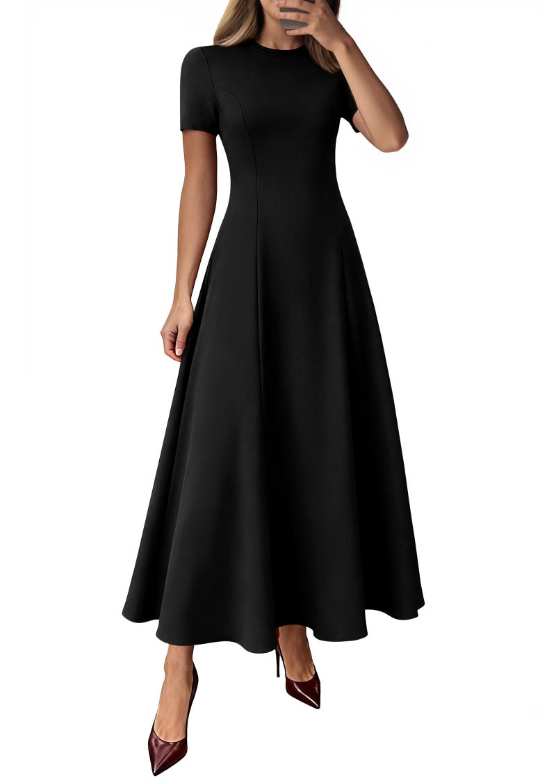 KIRUNDO Wedding Guest Dresses for Women 2026 Spring Summer Short Sleeve Pleated Long Flowy A Line Formal Maxi Dress Pockets(Black, Medium) - Image 1