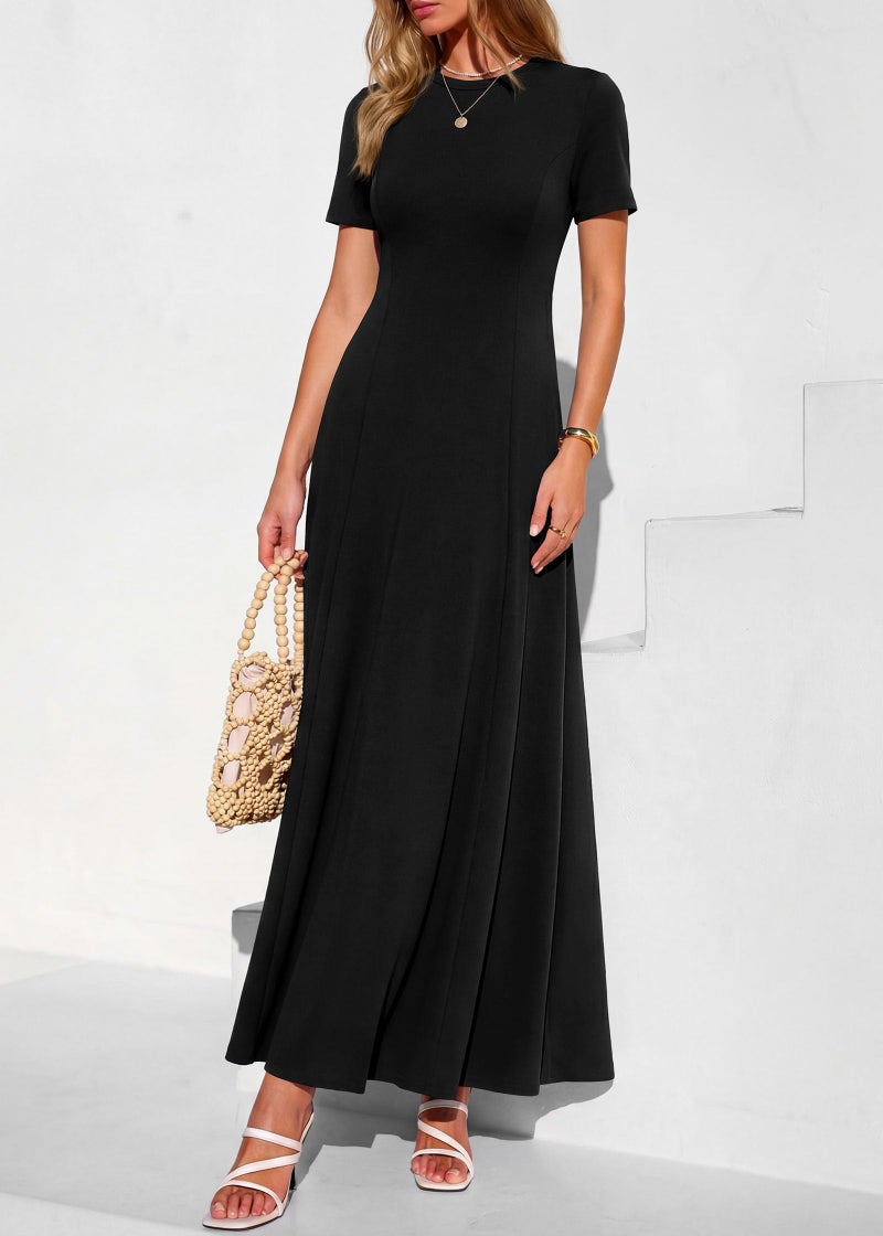 KIRUNDO Wedding Guest Dresses for Women 2026 Spring Summer Short Sleeve Pleated Long Flowy A Line Formal Maxi Dress Pockets(Black, Medium) - Image 3