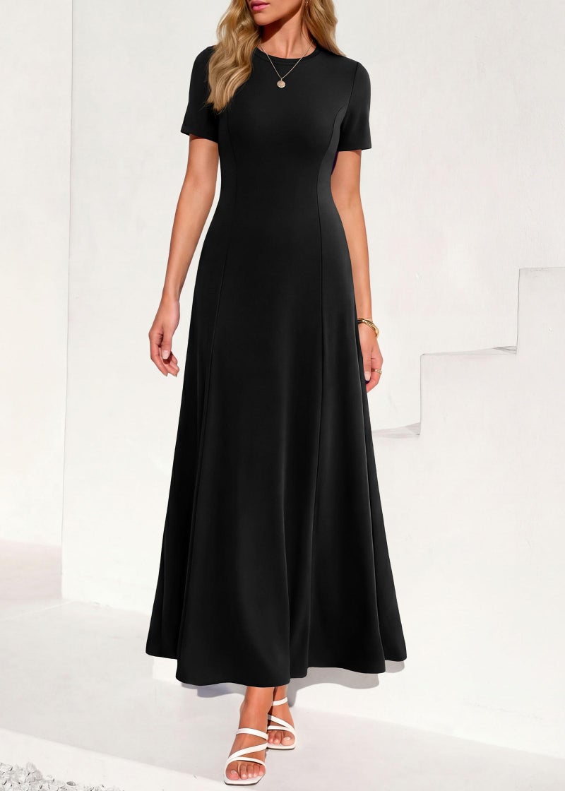 KIRUNDO Wedding Guest Dresses for Women 2026 Spring Summer Short Sleeve Pleated Long Flowy A Line Formal Maxi Dress Pockets(Black, Medium) - Image 2