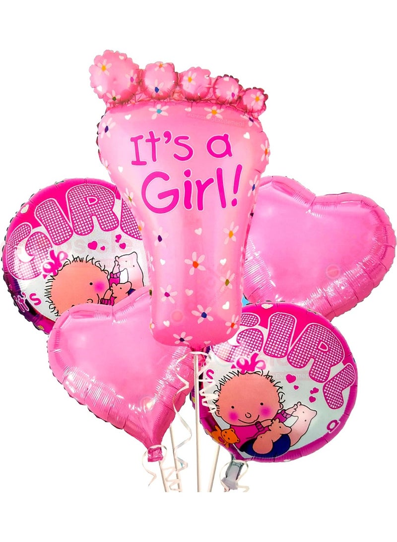 Baby Gender Reveal Decorations 'It's a Girl' - Pink Baby Feet Balloons 'Welcome Baby Girl' for Baby Shower - Pack of 5 Pieces - Image 1