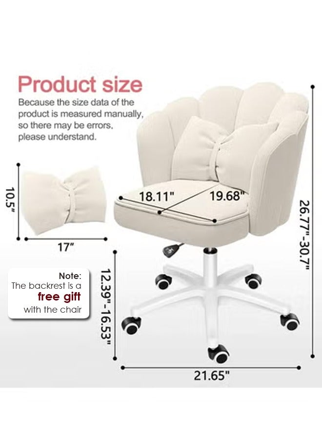 Reelyo Office Chair Fluffy Velvet Cute Petal makeup Chair,  Ergonomic 360° Swivel Height Adjustable Chair with Bow Pillow, High-Density Rebound Sponge & Wheels, Soft Comfortable Mid-Back Desk Study Chair for Girls Kids, Home Office Bedroom Living Room (Beige) - Image 2