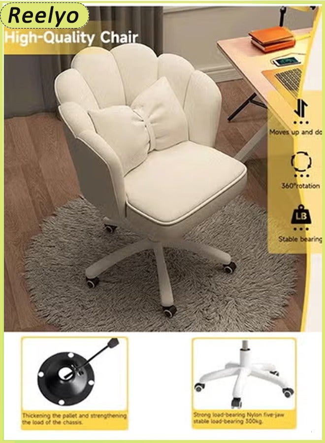 Reelyo Fluffy Velvet Cute Petal Office Chair 360° Swivel Height Adjustable Ergonomic Vanity Makeup Chair with Bow Pillow, High-Density Rebound Sponge & Wheels, Soft Comfortable Mid-Back Desk Study Chair for Girls Kids, Home Office Bedroom Living Room (Beige) - Image 1