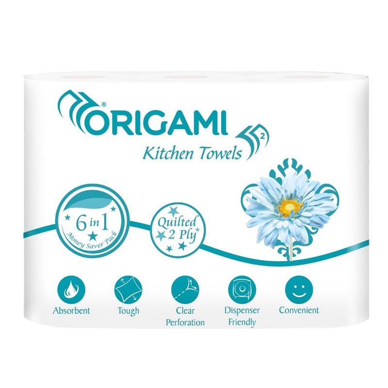 Origami 2 Ply Kitchen Tissue Paper Roll - 6 in 1 (60 Pulls Per Roll, 360 Sheets) - Image 1