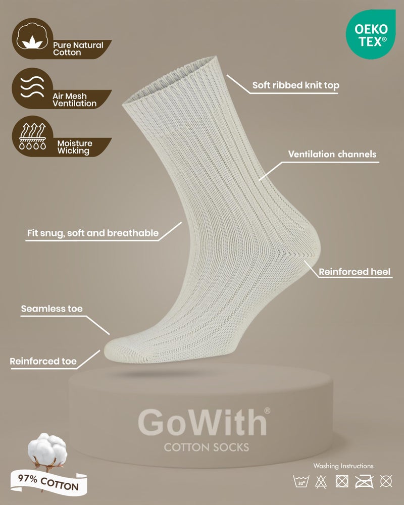 GoWith 4 Pairs Unisex Natural 97% Cotton Crew Socks, Comfy Cozy Breathable Seamless Casual Socks for Men & Women, Multicolor-6, Medium, Model 3012 - Image 4