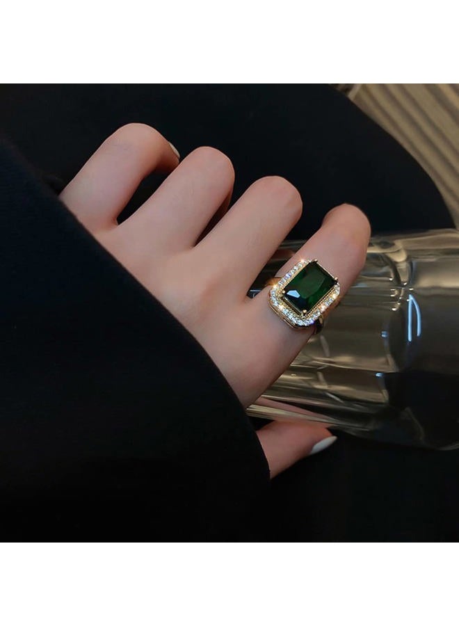 OIDIMS Green Simulated Emerald Statement Ring Women's Classical Gem Stone Engagement Jewelry Big Crystal Wedding Open Ring AAAA Cubic Zirconia Adjustable Finger Ring Retro Temperament Gift for Women Girls - Image 2