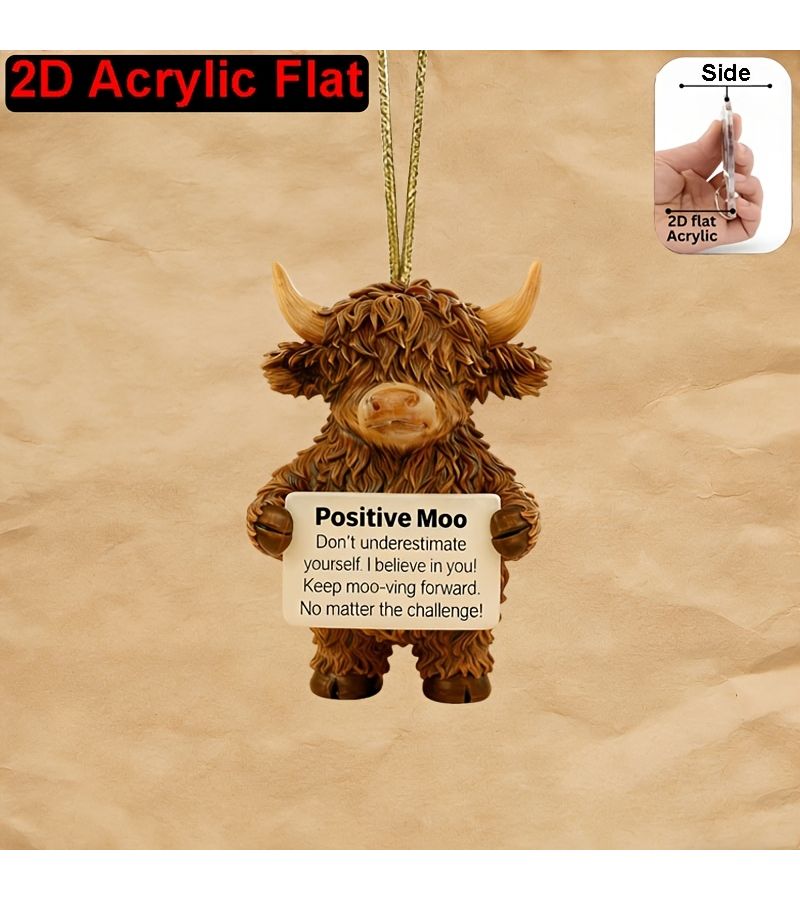 Acrylic Scottish Highland Cow Pendant Mo Quote Rearview Mirror Car Hanging 2D Decor As Shown - Image 3