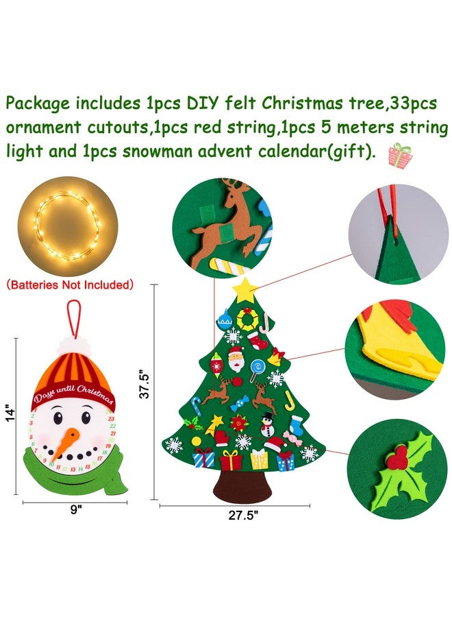 jollylife 3ft DIY Lighted Felt Christmas Tree Set Plus Snowman Advent Calendar - Xmas Decorations Wall Hanging 33 Ornaments Kids Gift with String Light (Batteries Not Included) - Image 4