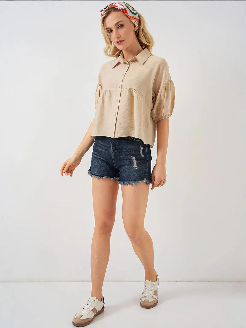 بيغ دارت قميص بأزرار بقصة فضفاضة وقصة قصيرة وياقة قميص