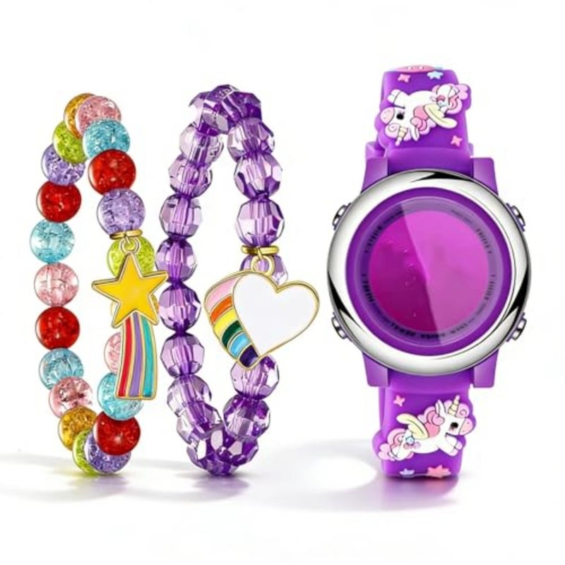 3 pcs Unicorn-themed Watch Set: Waterproof Digital Watch with Alarm, Stopwatch, and Unicorn Bracelet - Perfect Back to School and Birthday Gift for Girls Ages 3-10 Purple - Image 1