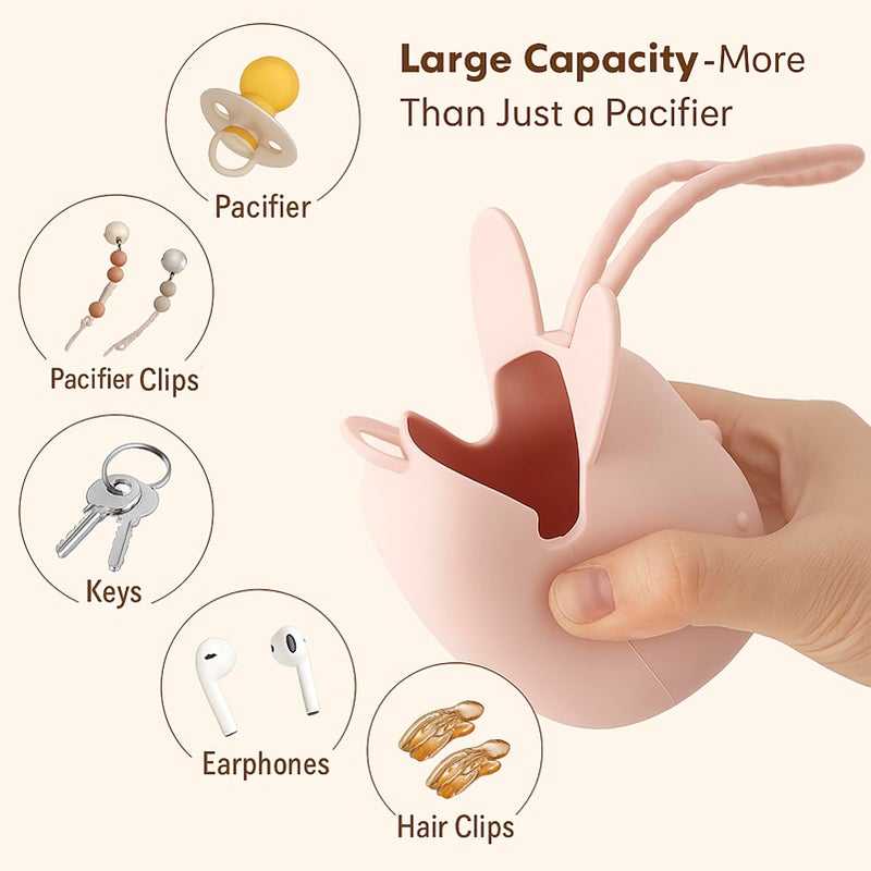 ROCCED Pacifier Holder Case Silicone Bunny Design Pacifiers Pouch with Soft Silicone Strap, Travel Storage for Stroller & Diaper Bag, Pacifier Holder Pouch for Baby, Set of 3 Beige Dusty Green Brown - Image 3