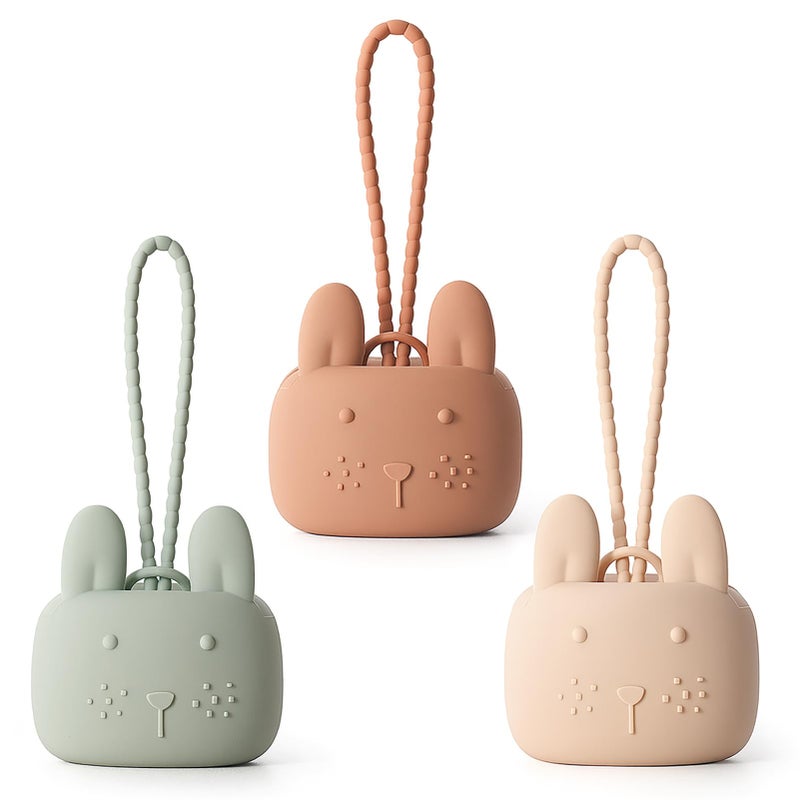 ROCCED Pacifier Holder Case Silicone Bunny Design Pacifiers Pouch with Soft Silicone Strap, Travel Storage for Stroller & Diaper Bag, Pacifier Holder Pouch for Baby, Set of 3 Beige Dusty Green Brown - Image 1