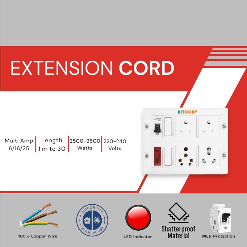 BITCORP Bitcorp Extension Cord 6A 16A 20A for Multiple Small and Heavy Duty Appliances 4 Way Multi Pin Outlet Plug 2 Switch 3500W Spike Guard Power Strip with 1 Meter Long Cable Cord White  - Image 2