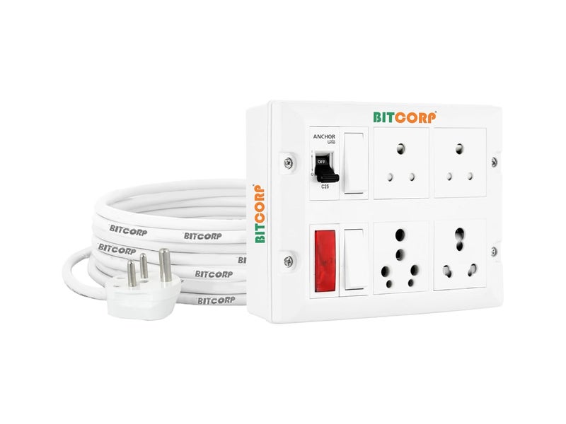 BITCORP Bitcorp Extension Cord 6A 16A 20A for Multiple Small and Heavy Duty Appliances 4 Way Multi Pin Outlet Plug 2 Switch 3500W Spike Guard Power Strip with 1 Meter Long Cable Cord White  - Image 1