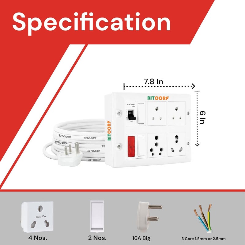 BITCORP Bitcorp Extension Cord 6A 16A 20A for Multiple Small and Heavy Duty Appliances 4 Way Multi Pin Outlet Plug 2 Switch 3500W Spike Guard Power Strip with 1 Meter Long Cable Cord White  - Image 3