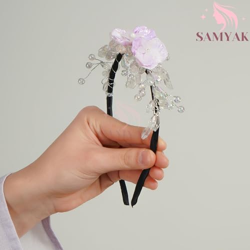 Samyak Pearl & Crystal Hair Band Accessories For Women & Girls, Stylish Tiara Headband For Wedding Party Juda Bun Fashion For Bridal Hair Decoration Accessory (Pearl & Crystal, Purple) - Image 4