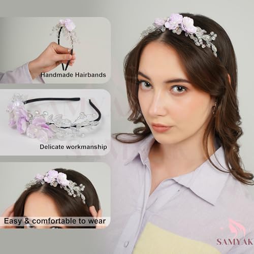 Samyak Pearl & Crystal Hair Band Accessories For Women & Girls, Stylish Tiara Headband For Wedding Party Juda Bun Fashion For Bridal Hair Decoration Accessory (Pearl & Crystal, Purple) - Image 5