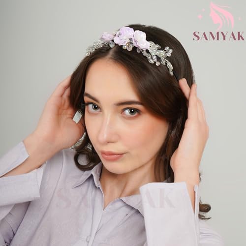 Samyak Pearl & Crystal Hair Band Accessories For Women & Girls, Stylish Tiara Headband For Wedding Party Juda Bun Fashion For Bridal Hair Decoration Accessory (Pearl & Crystal, Purple) - Image 2