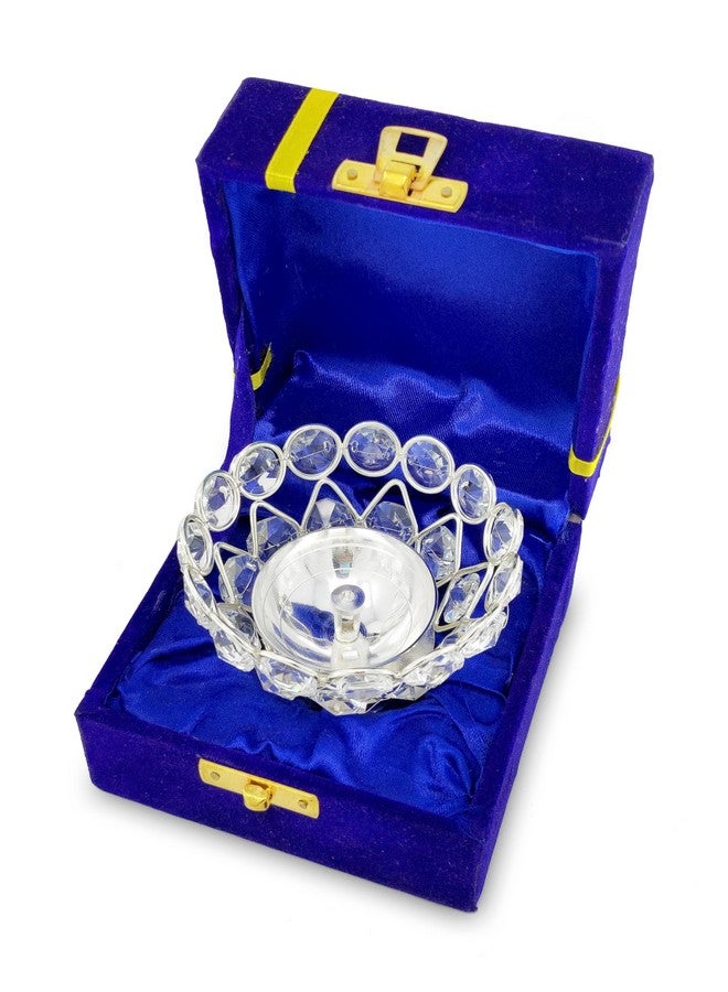 BENGALEN Crystal Diya with Blue Velvet Gift Box Home Decoration Chrystal Piyali Dia Pooja Items Puja Gifts Handmade Oil Lamp Traditional Indian Dhanteras Deepawali Diwali Gift Items - Image 1