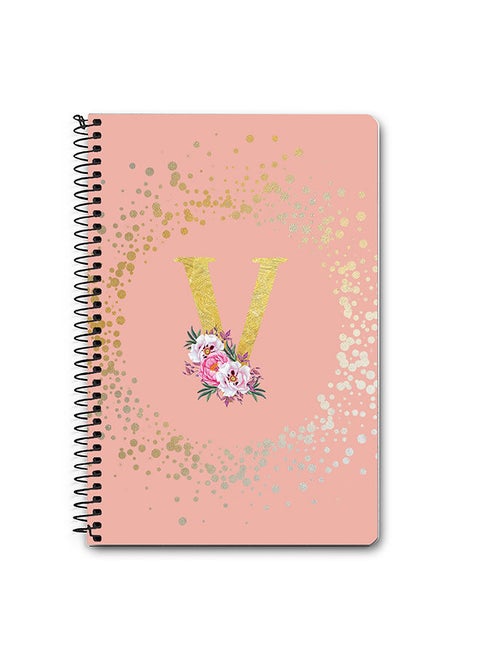 Designer A5 Spiral Notebook Memo Notepad Journal - Custom Monogram Initial Letter Floral Pattern Alphabet - V - Rose Pink