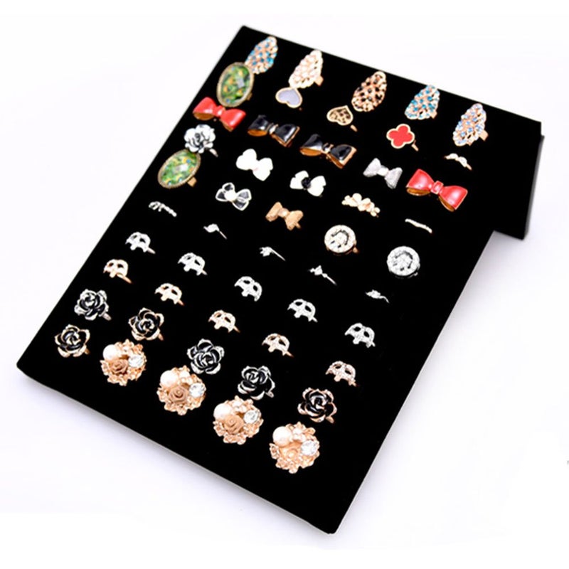 Homeanda Velvet L-Shaped 50 Slots Ring Earring Jewelry Display Tray Organizer Holder (Black) - Image 2