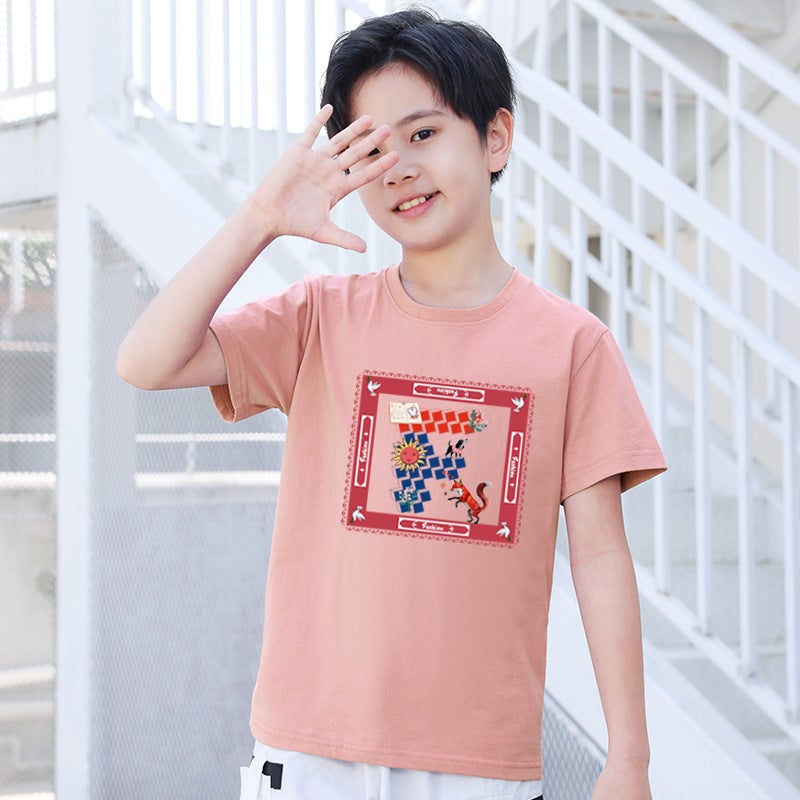 Children's Short-Sleeved Cotton T-Shirt Boys and Girls Tops Breathable Round Neck Printed Summer Half-Sleeved Suitable for Small and Medium-Sized Kidsren - Image 1