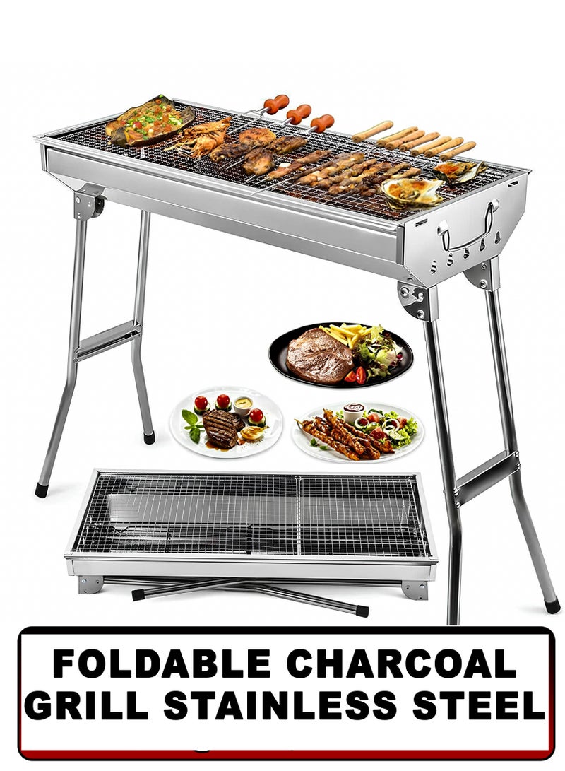 R.VIHAN Large Capacity Foldable Charcoal BBQ Grill 73x33cm Portable Stainless Steel Barbecue Rack with Stand, Anti-Scald Mesh Grill Clip for Camping, Hiking, Picnics, Outdoor Cooking Mutton Kebabs, Chicken Sausage, Beef Boti for 5-15 People - Image 1