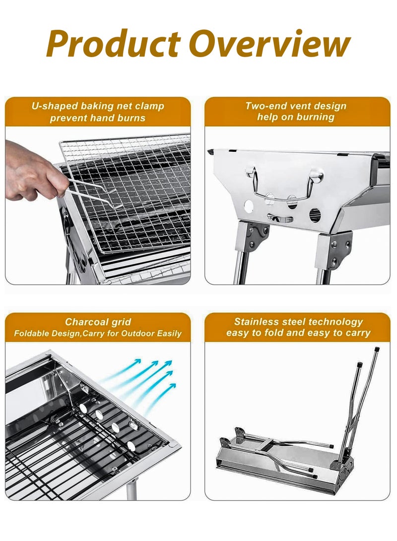 R.VIHAN Large Capacity Foldable Charcoal BBQ Grill 73x33cm Portable Stainless Steel Barbecue Rack with Stand, Anti-Scald Mesh Grill Clip for Camping, Hiking, Picnics, Outdoor Cooking Mutton Kebabs, Chicken Sausage, Beef Boti for 5-15 People - Image 3